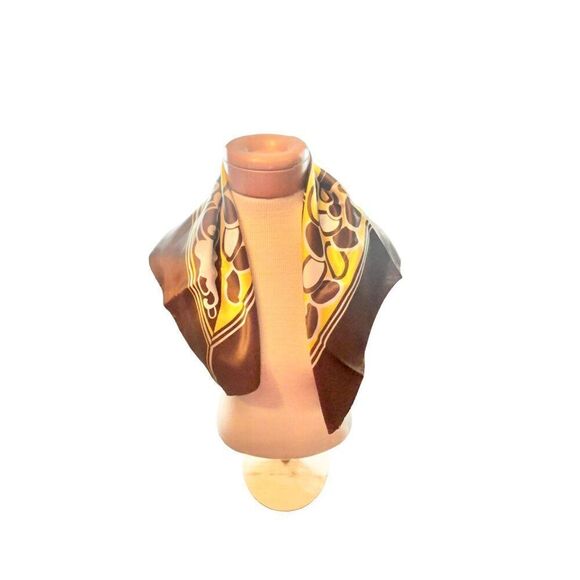 Vintage 1970s made in Italy Geometric Pattern acetate Scarf Brown & Yello 26x 26 - Picture 1 of 10